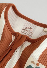 Lähivaade roostevärvilisele ja kreemikale triibulisele soonikkoele beebibodi, millel on tõmblukk ja kaeluse lähedal looduseteemaline tikand.