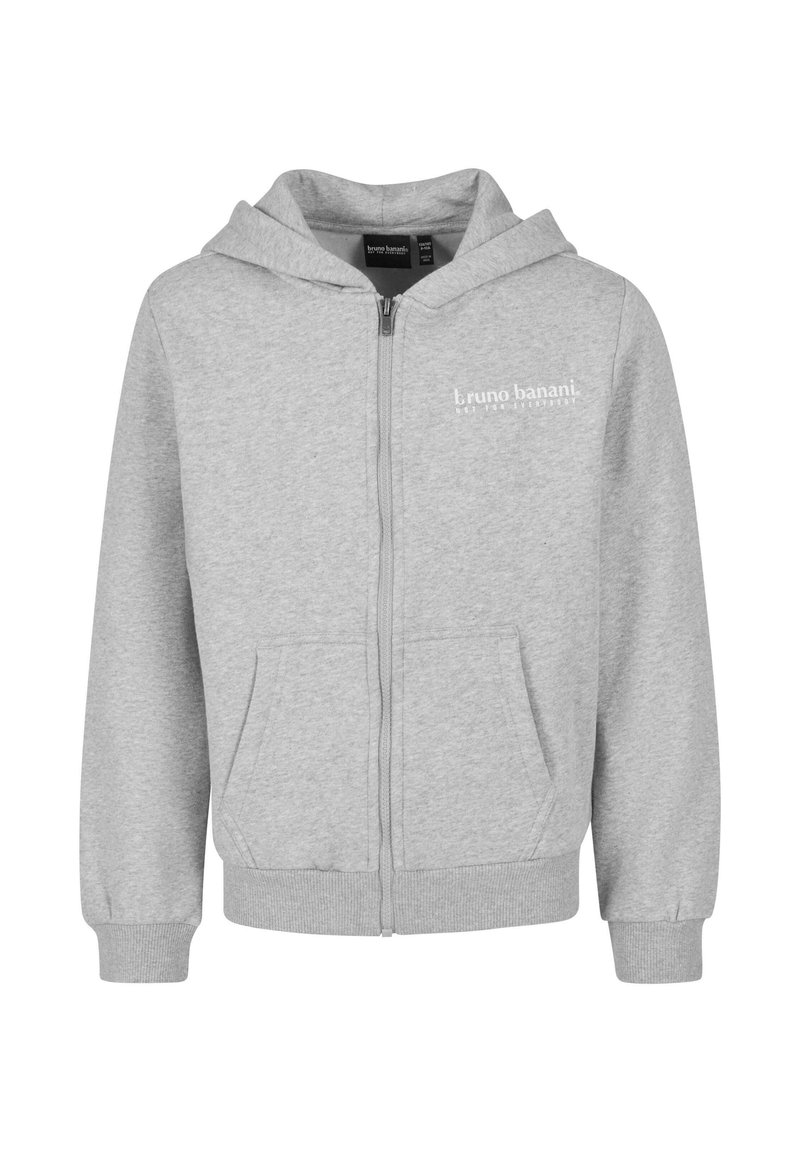 Felpa grigia con zip realizzata in tessuto morbido, presenta un logo frontale, tasche laterali, polsini a costine e un cappuccio con cordino.