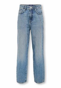 Jeans in denim blu chiaro con taglio dritto, design a cinque tasche e chiusura con bottone. Dettagli distressed vicino alle tasche per un effetto tessurizzato.