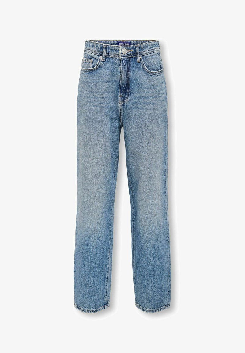 Ljusblå denimjeans med rak passform, femfickorsdesign och knapplåsning. Slitna detaljer nära fickorna förbättrar texturen.