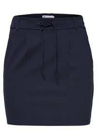 Falda azul marino hecha de tela elástica, con una cintura de cordón, pliegues en la parte delantera y corte recto. Textura suave sin estampados.