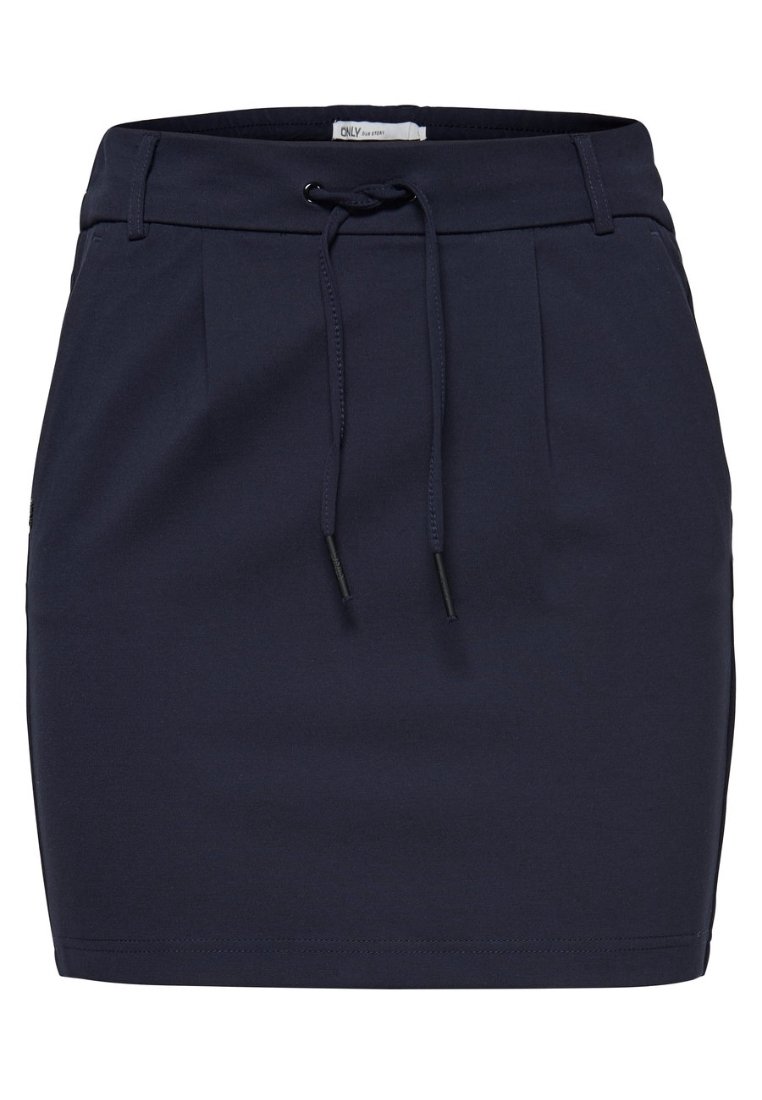Falda azul marino hecha de tela elástica, con una cintura de cordón, pliegues en la parte delantera y corte recto. Textura suave sin estampados.