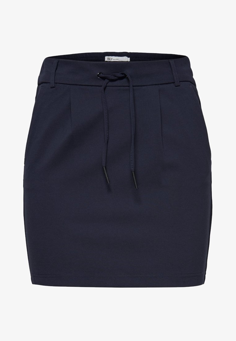 Gonna blu navy realizzata in tessuto elasticizzato, con vita regolabile tramite cordino, pieghe frontali e taglio dritto. Tessuto liscio senza fantasie.