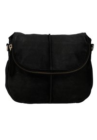 Schwarze Leder-Crossbody-Tasche mit Klappenverschluss, Reißverschlusstasche, glatter Textur und minimalistischem Design. Akzentuiert mit silbernem Zubehör.