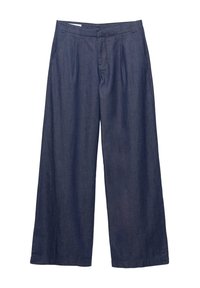 Pantalon en denim bleu foncé à jambes larges, plis à l'avant, poches latérales et ceinture, présenté à plat sur fond blanc.