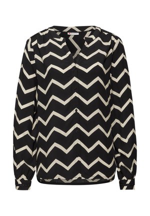 Zwarte blouse met een zigzagpatroon in crème. Gemaakt van lichte stof, heeft een V-hals, knoopsluiting en lange mouwen.