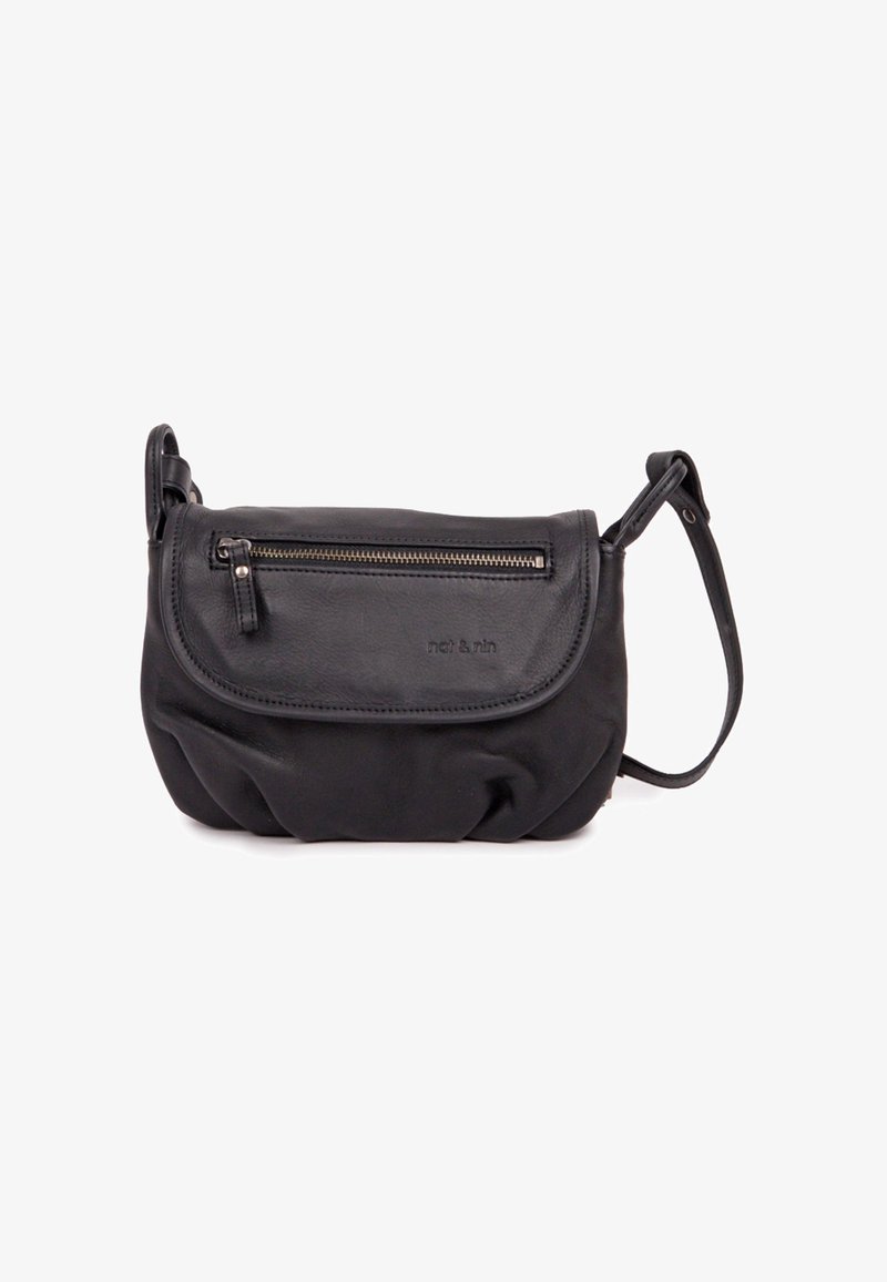 Black leather crossbody bag with a zippered front pocket, rounded bottom, adjustable strap, and soft, textured surface.