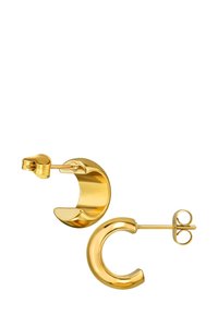Orecchini a cerchio in oro a forma di mezzaluna, caratterizzati da una finitura lucida e da una chiusura posteriore sicura. Texture liscia, design moderno.