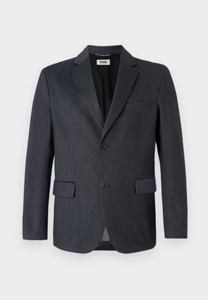 Blazer gris oscuro hecho de tejido texturizado con solapas de muesca, dos bolsillos frontales y cierre de dos botones. Interior forrado.