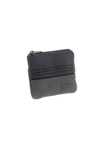 Billetera compacta en cuero negro y verde oscuro, con un diseño perforado, cierre de cremallera y logo grabado en la parte frontal.