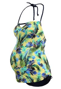 Zwangerschapsbadpak in geel met groen en blauw tropisch print. Voorzien van verstelbare bandjes en zijwaartse rimpelingen voor een aansluitende uitstraling.