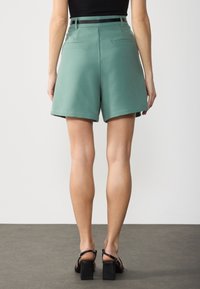 Shorts verts avec un design sur mesure, comprenant une ceinture plate, des poches arrière et un ourlet net. Texture lisse avec une silhouette structurée.