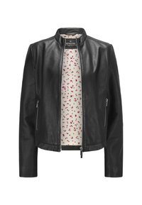 Schwarze Lederjacke mit minimalistischem Design, ausgestattet mit einem Stehkragen, Reißverschlusstaschen und einem blumenmusterförmigen Futter.