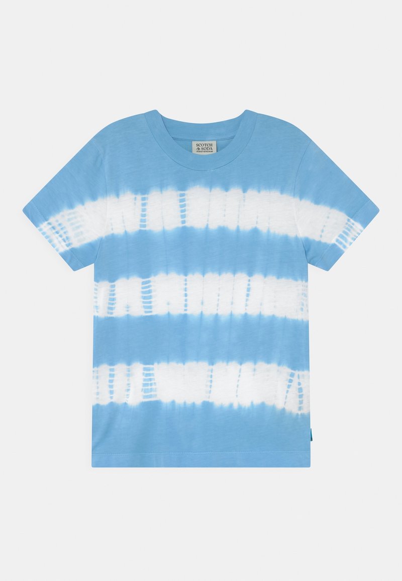 Camiseta de algodón azul con rayas de tie-dye horizontales en blanco. Mangas cortas, escote redondo y corte recto.