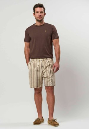 Mężczyzna ubrany w brązową koszulę z krótkim rękawem, beżowe krótkie spodenki w paski ze sznurkiem oraz brązowe mokasyny, stojący na tle jednolitego jasnego tła.