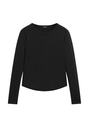Black long-sleeve T-shirt made of soft fabric. Features a round neckline and a slightly curved hem, with no embellishments or patterns.