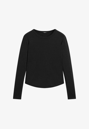 Zwarte langemouwen T-shirt gemaakt van zacht materiaal. Heeft een ronde halslijn en een licht gebogen zoom, zonder versieringen of patronen.