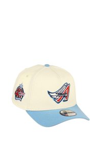 Cremfarbener Baseballschlappen mit hellblauem Schirm. Mit gesticktem, geflügeltem "A"-Logo und einem 40. Jubiläumspatch an der Seite. Rundkronendesign.