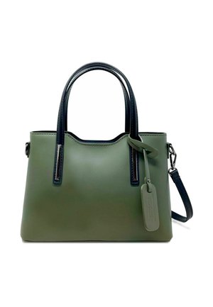 Borsa sintetica verde con manici blu scuro, forma strutturata, tracolla staccabile e una piccola etichetta attaccata. Texture liscia.