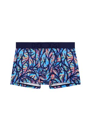 Heren boxershorts met een marineblauwe tailleband en een kleurrijk, abstract bladmotief in blauw, roze en oranje tinten.