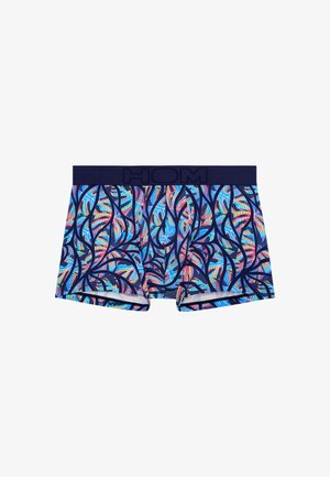 Heren boxershorts met een marineblauwe tailleband en een kleurrijk, abstract bladmotief in blauw, roze en oranje tinten.