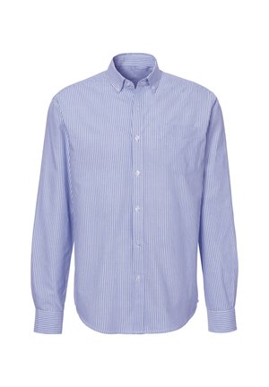 Button-up shirt in blue and white vertical stripes. Made from lightweight fabric with a collar, long sleeves, and a chest pocket.