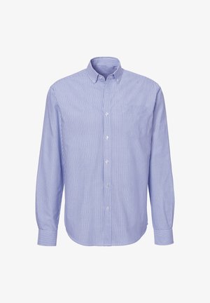 Button-up shirt in blue and white vertical stripes. Made from lightweight fabric with a collar, long sleeves, and a chest pocket.