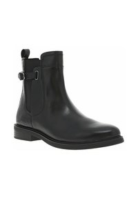 Bottines en cuir noir avec une finition lisse, panneaux latéraux élastiques, accents en boucle argentée et un talon texturé. Semelle légère.