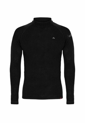 Zwarte thermoshirt met lange mouwen en ronde hals, voorzien van kleine logo's op de borst en de mouw, slim fit snit en een klein rood label aan de onderrand.
