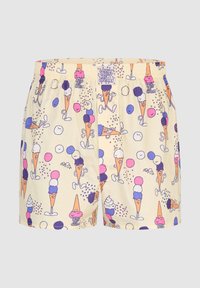 Kurze Badehosen aus leichtem Stoff, mit einem verspielten Eistütenmuster in Lila, Rosa und Blau auf einem gelben Hintergrund.