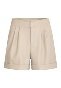 Béžové přizpůsobené šortky s záhyby, širokým pasem, jednopatkovým zapínáním a ohrnutými manžetami. Vyrobené z hladké, lehké tkaniny.