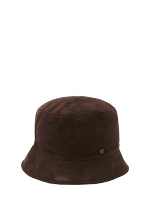 Dark brown bucket hat with a small round silver logo emblem on the side, displayed against a white background.