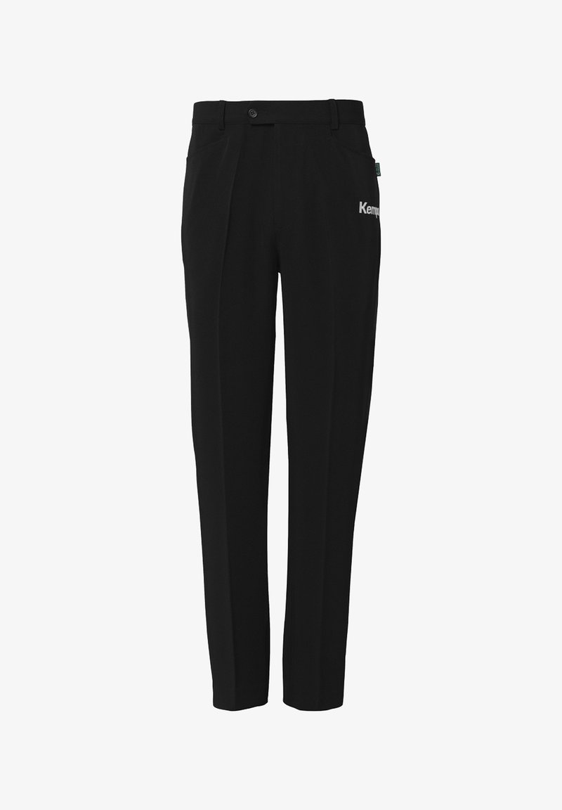 Zwarte broeken van een gladde stof. Voorzien van een sierknopen sluiting, plooien en een logo detail aan de zijkant. Rechtdoorgaande snit.