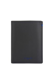Dark leather wallet with a smooth texture, featuring blue stitching and a logo. Rectangular shape, minimalist design, single-color exterior.