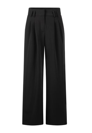 Black high-waist wide-leg trousers with belt loops and front pleats, shown against a white background.