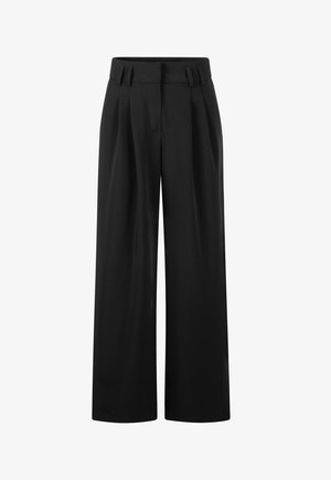 Black high-waist wide-leg trousers with belt loops and front pleats, shown against a white background.
