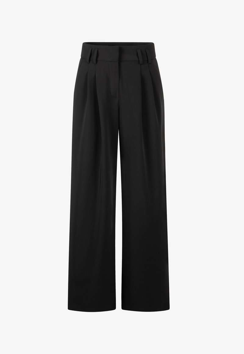 Black high-waist wide-leg trousers with belt loops and front pleats, shown against a white background.