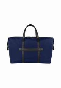 Marineblaue Reisetasche aus strapazierfähigem Material mit schwarzen Ledergriffen und -akzenten, ausgestattet mit einem großen zentralen Fach und einem Reißverschluss.