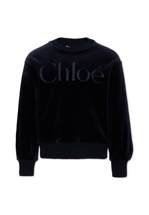 Pull en velours noir à manches longues avec poignets et ourlet côtelés, avec un grand logo tonal "Chloé" sur la poitrine.
