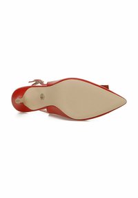 Rote Lederschuhe mit spitzem Zehenbereich und schlankem Absatz. Die Sohle ist beige mit einer strukturierten Oberfläche. Verfügt über eine dekorative Schnalle an der Seite.