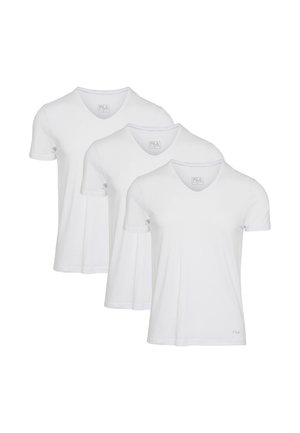 Drei weiße T-Shirts mit kurzen Ärmeln und V-Ausschnitt, nebeneinander angeordnet, mit dem FILA-Logo im oberen Brustbereich.