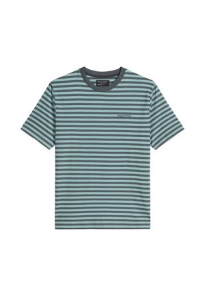 Short-sleeve t-shirt with horizontal turquoise and dark gray stripes and a small brand logo on the left chest.