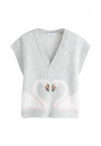 Lysegrå ærmeløs sweater med V-hals, med hvidt svanemotiv og lyserøde accenter. Fremstillet af blødt, tekstureret materiale.
