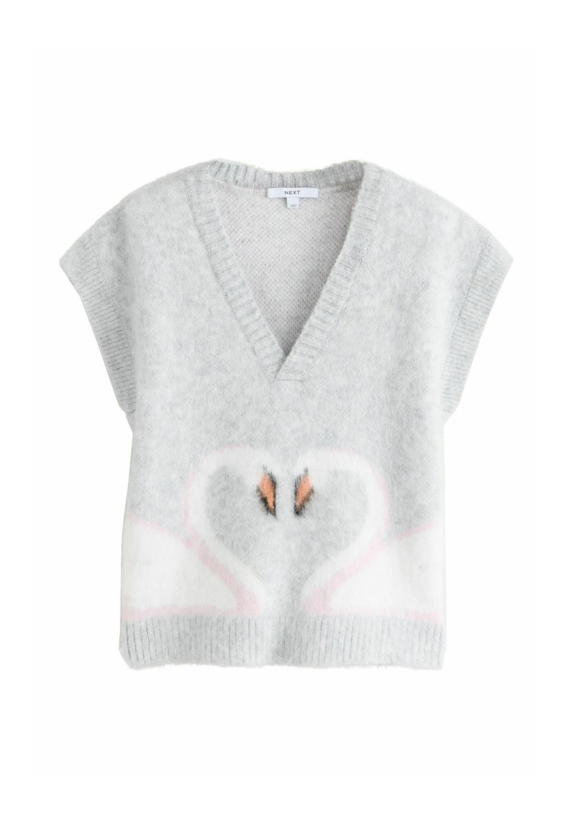 Lysegrå ærmeløs sweater med V-hals, med hvidt svanemotiv og lyserøde accenter. Fremstillet af blødt, tekstureret materiale.
