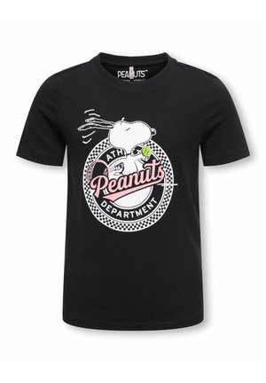 Czarny krótki rękaw T-shirt z postacią Snoopy'ego trzymającego piłkę tenisową i rakietę, z napisem "Peanuts Athletic Department" w okrągłym, szachownicowym wzorze.