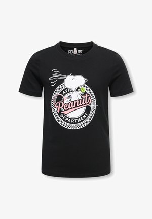 Czarny krótki rękaw T-shirt z postacią Snoopy'ego trzymającego piłkę tenisową i rakietę, z napisem "Peanuts Athletic Department" w okrągłym, szachownicowym wzorze.
