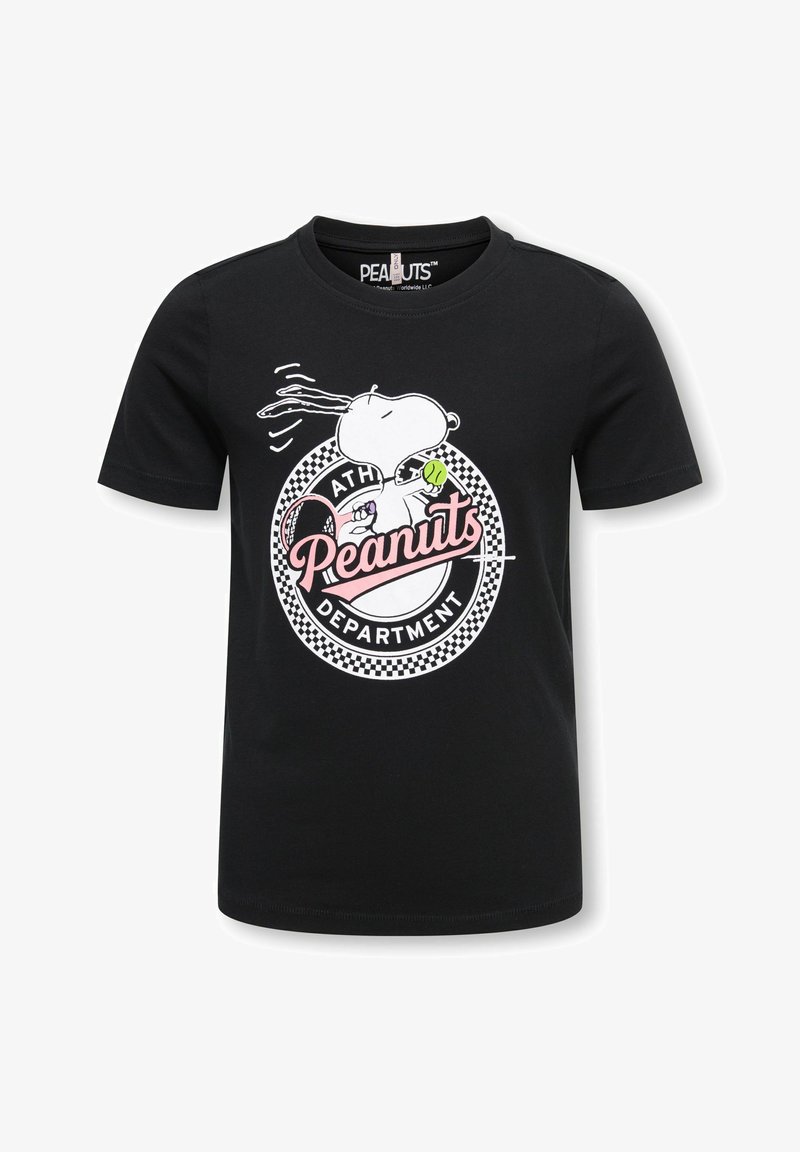 T-shirt noir à manches courtes avec Snoopy tenant une balle de tennis et une raquette, texte "Peanuts Athletic Department" dans un design circulaire à carreaux.