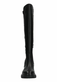 Zwarte leren kniehoog laars met een gladde afwerking, ronde neus en een stevige zool. Voorzien van subtiele stiksels en een ritssluiting aan de zijkant.