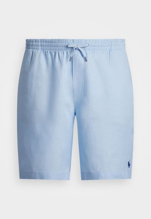 Lys blå linne shorts med elastisk midje, snøring og liten brodert logo på venstre side. Skreddersydd passform, glatt tekstur.