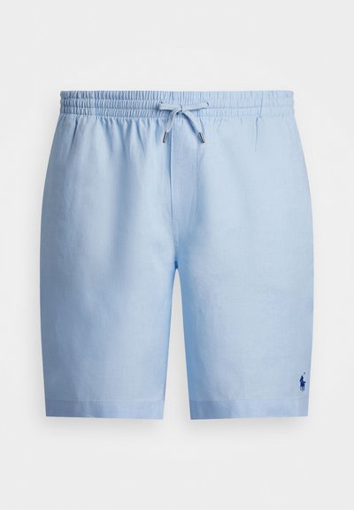Light blue linen shorts with an elastic waistband, drawstring, and small embroidered logo on the left side. Tailored fit, smooth texture.